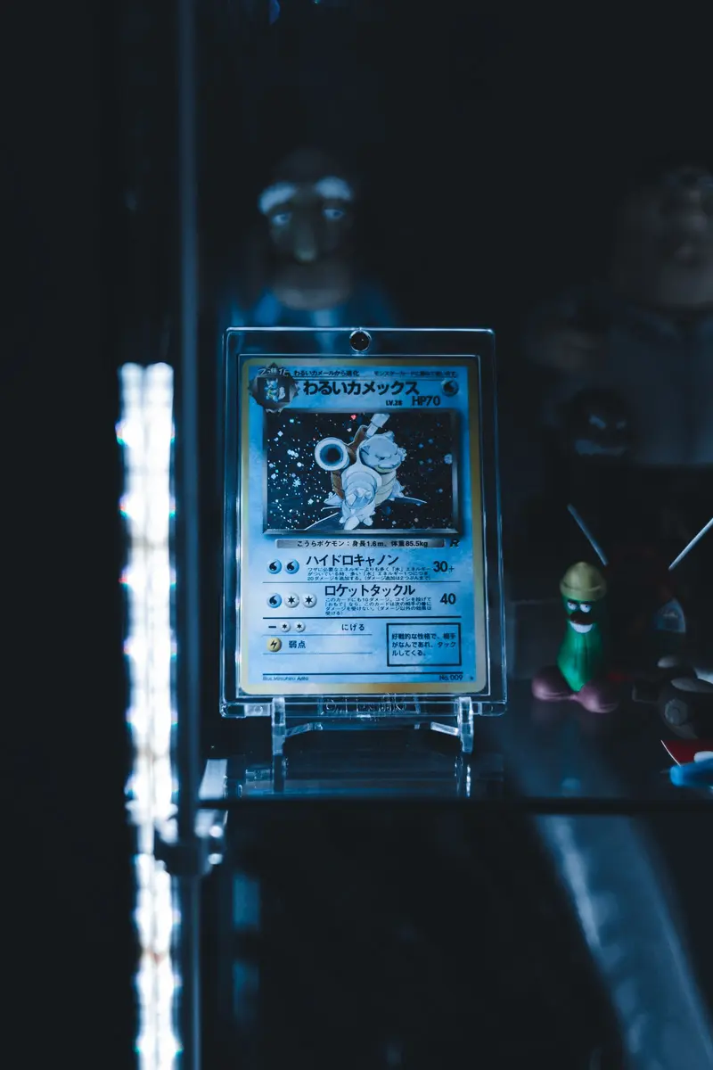 A single card in a magnetic holder on a stand inside a dark display shelf