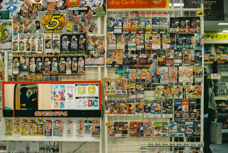 A hobby shop wall packed with trading card packs and supplies